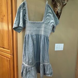 Blue Smocked Dress with Ruffle Sleeves
